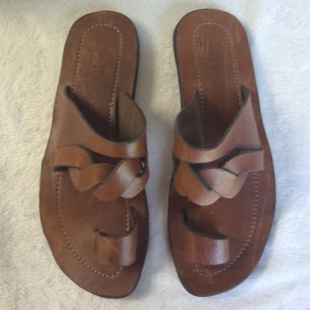 Ngaye Mens Leather Toe Loop Sandals Brown Braided Straps Size 10.5 Handcrafted